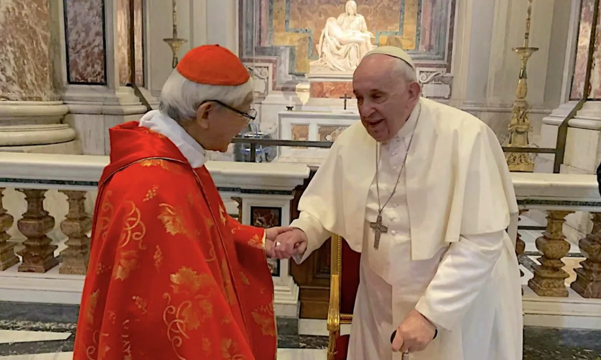 Pope Francis (R) privately received Cardinal Joseph Zen Ze-Kiun (L) on Jan. 5, 2023. (Courtesy of Cardinal Zen's Facebook/Screenshot via The Epoch Times)