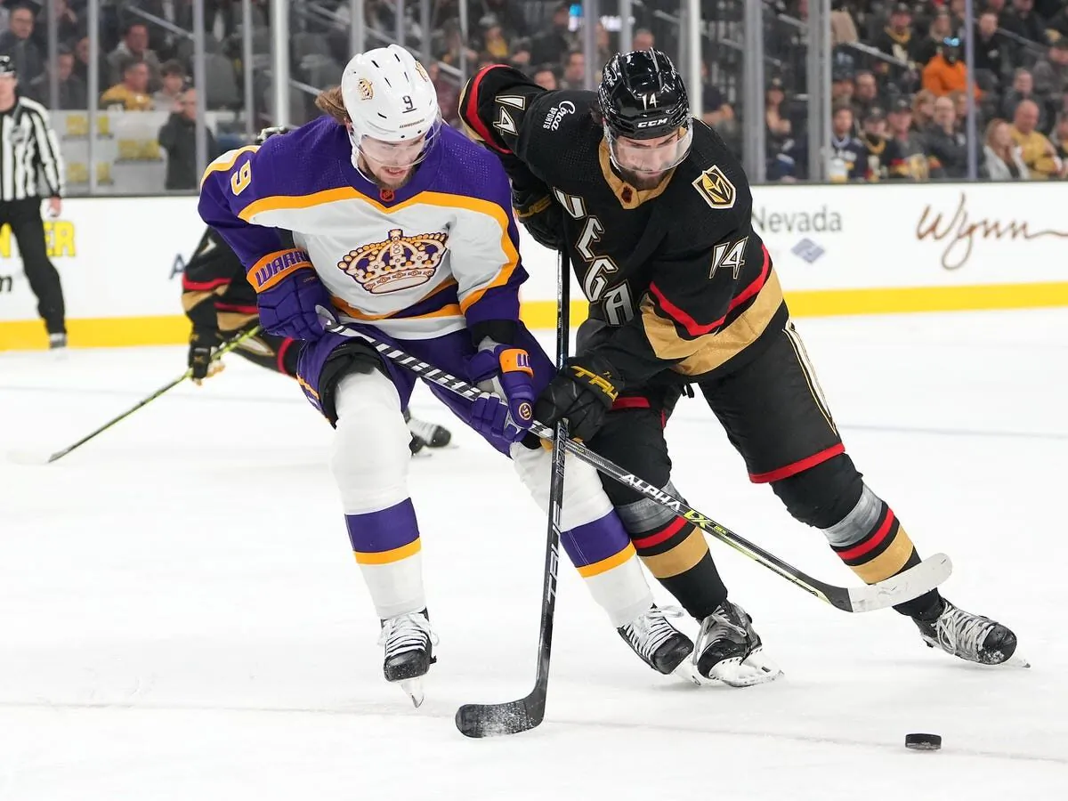 Los Angeles Kings right wing Adrian Kempe (9) skates against Vegas Golden Knights defenseman Nicolas Hague (14) during the first period at T-Mobile Arena in  Las Vegas on Jan. 7, 2023. (Stephen R. Sylvanie/USA TODAY Sports via Field Level Media)