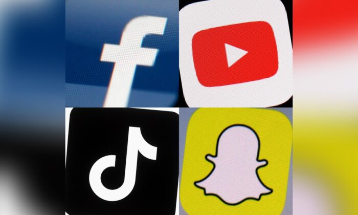 The logos of Facebook, YouTube, TikTok, and Snapchat on mobile devices in a combination of 2017–2022 photos. (AP Photo)