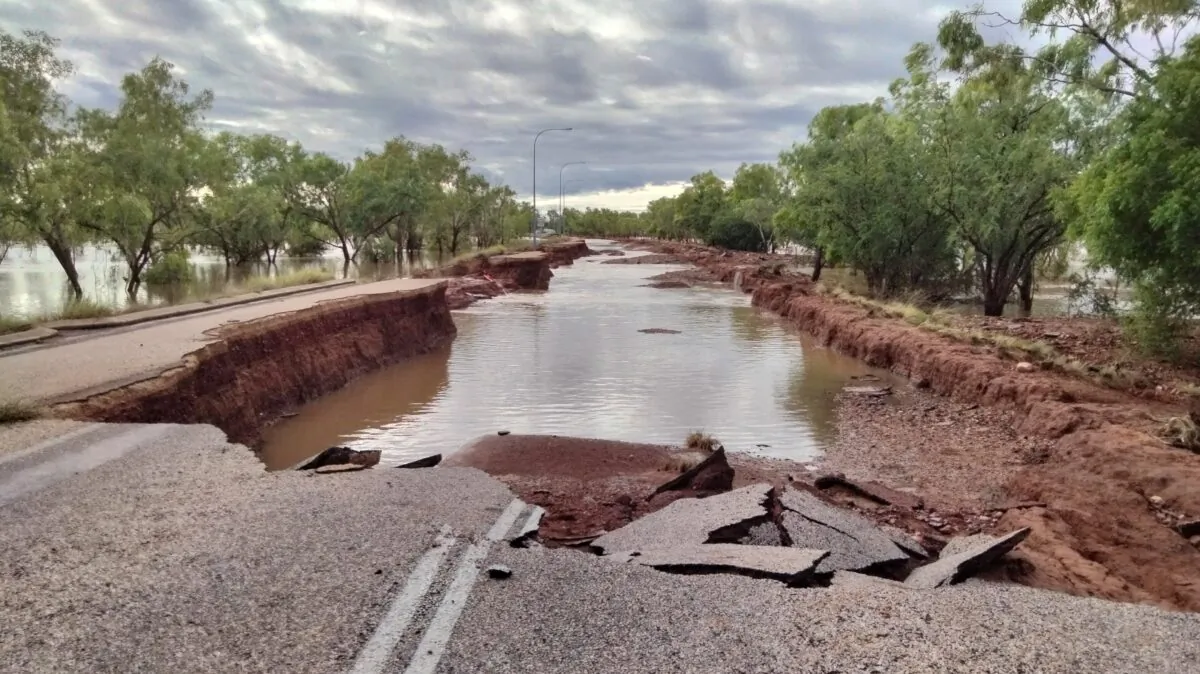 A supplied image obtained on Saturday, Jan. 7, 2023, of floodwaters across the Great Northern Hwy at Fitzroy Crossing, Bunuba country, in the Kimberley region of Western Australia. (AAP Image/Supplied by Andrea Myers)