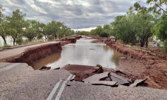 A supplied image obtained on Saturday, Jan. 7, 2023, of floodwaters across the Great Northern Hwy at Fitzroy Crossing, Bunuba country, in the Kimberley region of Western Australia. (AAP Image/Supplied by Andrea Myers)