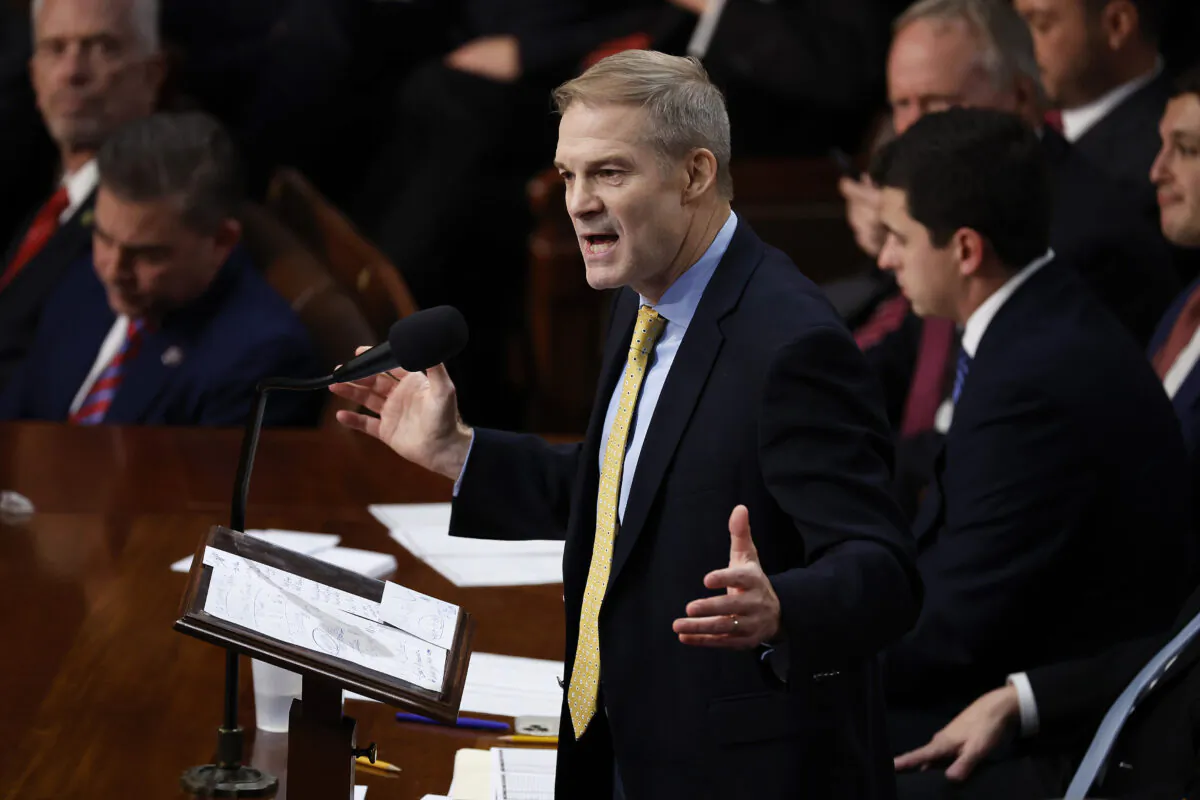 Rep. Jim Jordan (R-Ohio) nominates House Minority Leader Kevin McCarthy (R-Calif.) for Speaker of the House of the 118th Congress during a speech in the House Chamber of the U.S. Capitol Building on Jan. 3, 2023 in Washington. (Chip Somodevilla/Getty Images)