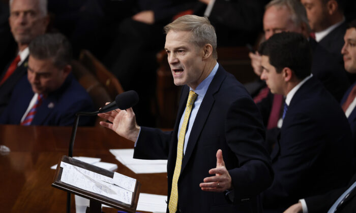 Rep. Jim Jordan (R-Ohio) nominates House Minority Leader Kevin McCarthy (R-Calif.) for Speaker of the House of the 118th Congress during a speech in the House Chamber of the U.S. Capitol Building on Jan. 3, 2023 in Washington. (Chip Somodevilla/Getty Images)