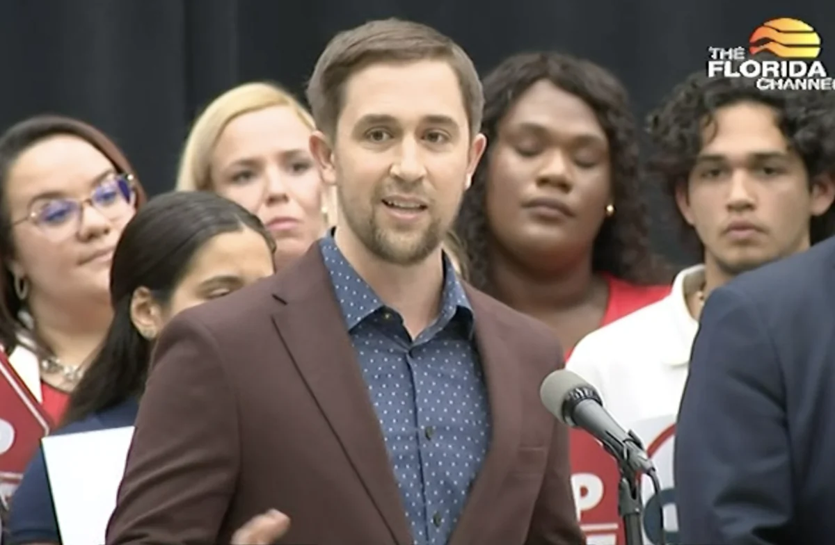 Christopher Rufo, a senior fellow and director of the initiative on CRT at the Manhattan Institute addresses a crowd in Hialeah Gardens, Fla., on April 22, 2022. (The Florida Channel/Screenshot via The Epoch Times)