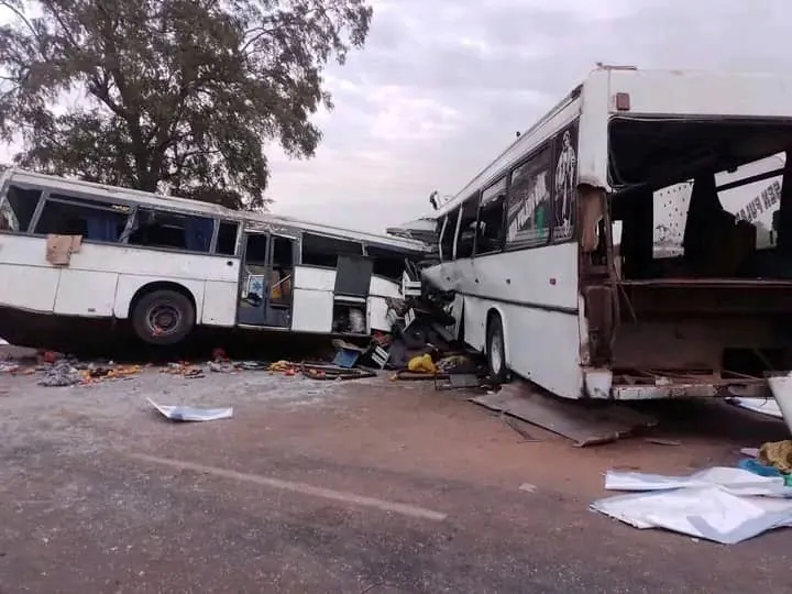 Two damaged buses after they collided on a road in Gniby, Senegal, on Jan. 8, 2023. (Elimane Fall via AP)