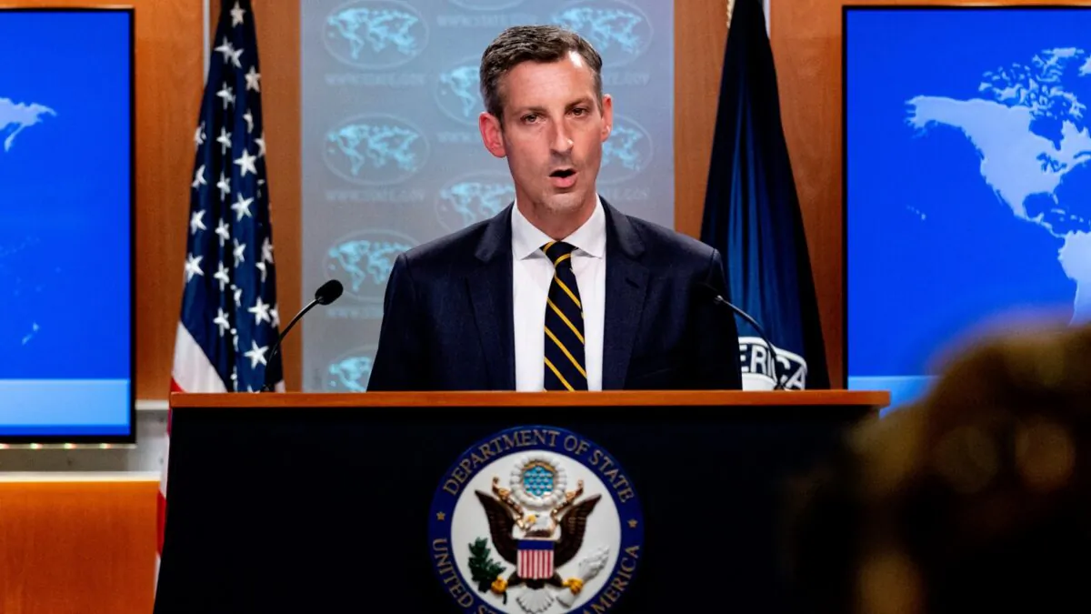 State Department spokesman Ned Price speaks on the situation in Afghanistan at the State Department in Washington, D.C., on Aug. 18, 2021. (ANDREW HARNIK/POOL/AFP via Getty Images)