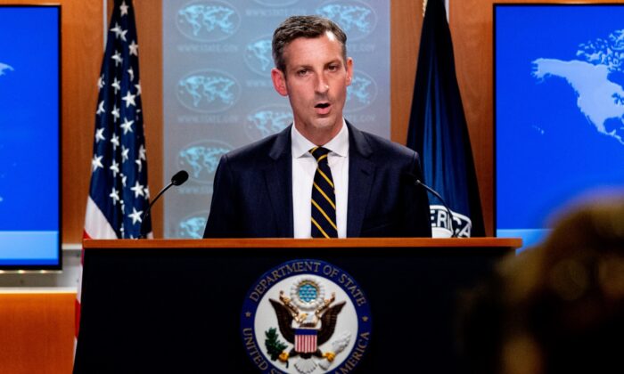 State Department spokesman Ned Price speaks on the situation in Afghanistan at the State Department in Washington, D.C., on Aug. 18, 2021. (ANDREW HARNIK/POOL/AFP via Getty Images)