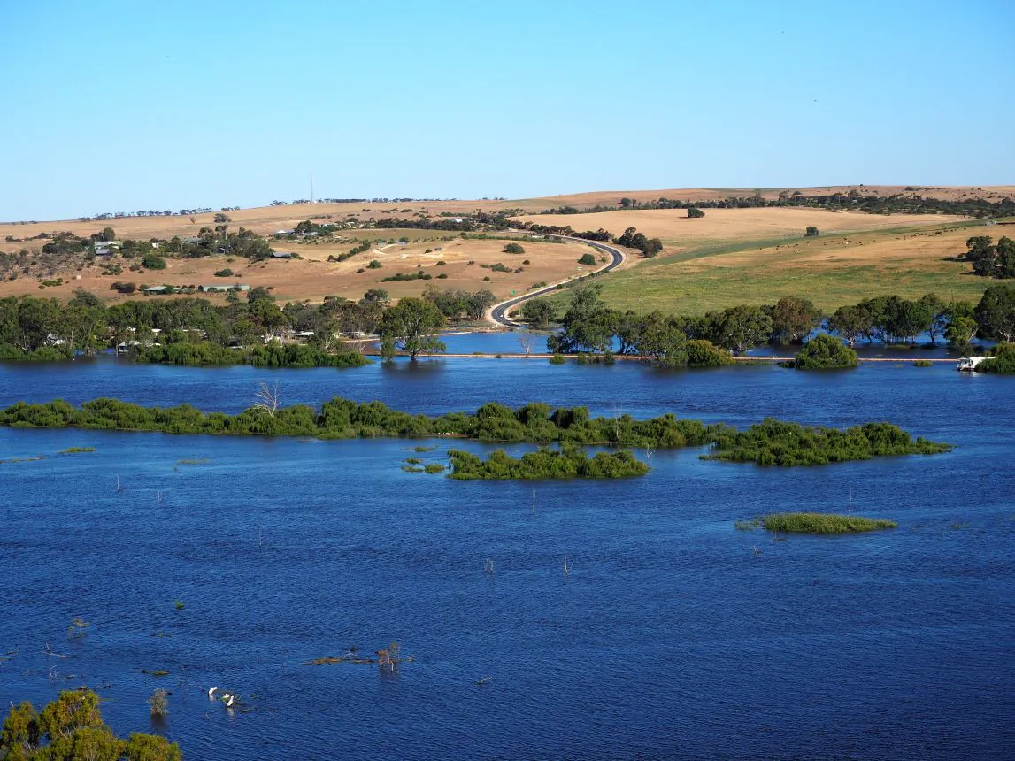 Water levels creeping up at Mannum in the Riverland region of South Australia, Friday, January 6, 2023. Latest forecasting suggests peak water flows on the Murray will reach downstream communities slightly earlier than expected. (AAP Image/Tim Dornin)