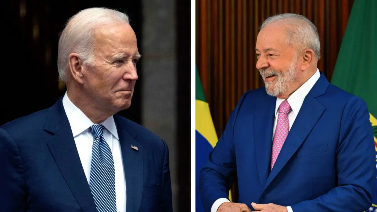 President Joe Biden participate in an official welcome ceremony at the National Palace in Mexico City, Mexico, on Jan. 9, 2023. (Jim Watson/AFP via Getty Images); Brazil's President Luiz Inacio Lula da Silva gestures during his government's first cabinet meeting at the Planalto Palace in Brasilia, Brazil, on Jan. 6, 2023. (Evaristo Sa/AFP via Getty Images)