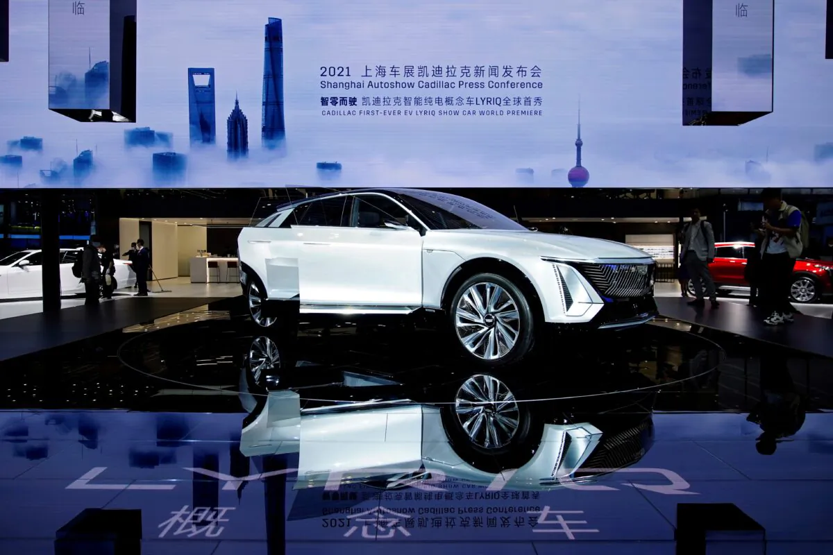 A Cadillac Lyriq electric vehicle (EV) under General Motors during its world premiere on a media day for the Auto Shanghai show in Shanghai on April 19, 2021. (Aly Song/Reuters)