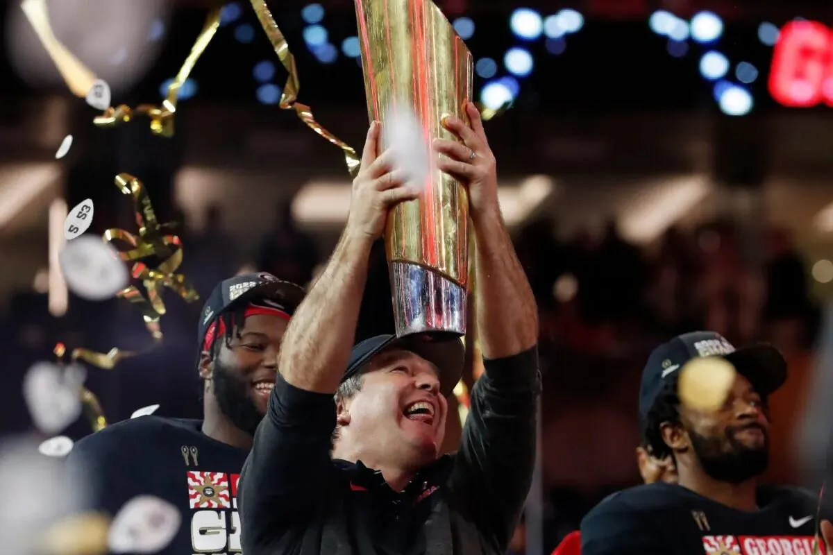 Georgia coach Kirby Smart celebrates after winning the NCAA College Football National Championship game between TCU and Georgia in Inglewood, Calif., on Jan. 9, 2023. (Joshua L. Jones/USA TODAY NETWORK via Field Level Media)