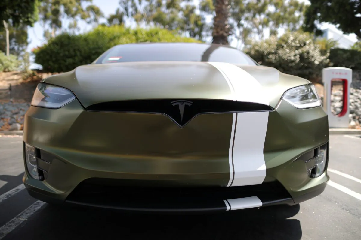 A Tesla car in Los Angeles on July 9, 2020.  (Lucy Nicholson/Reuters)