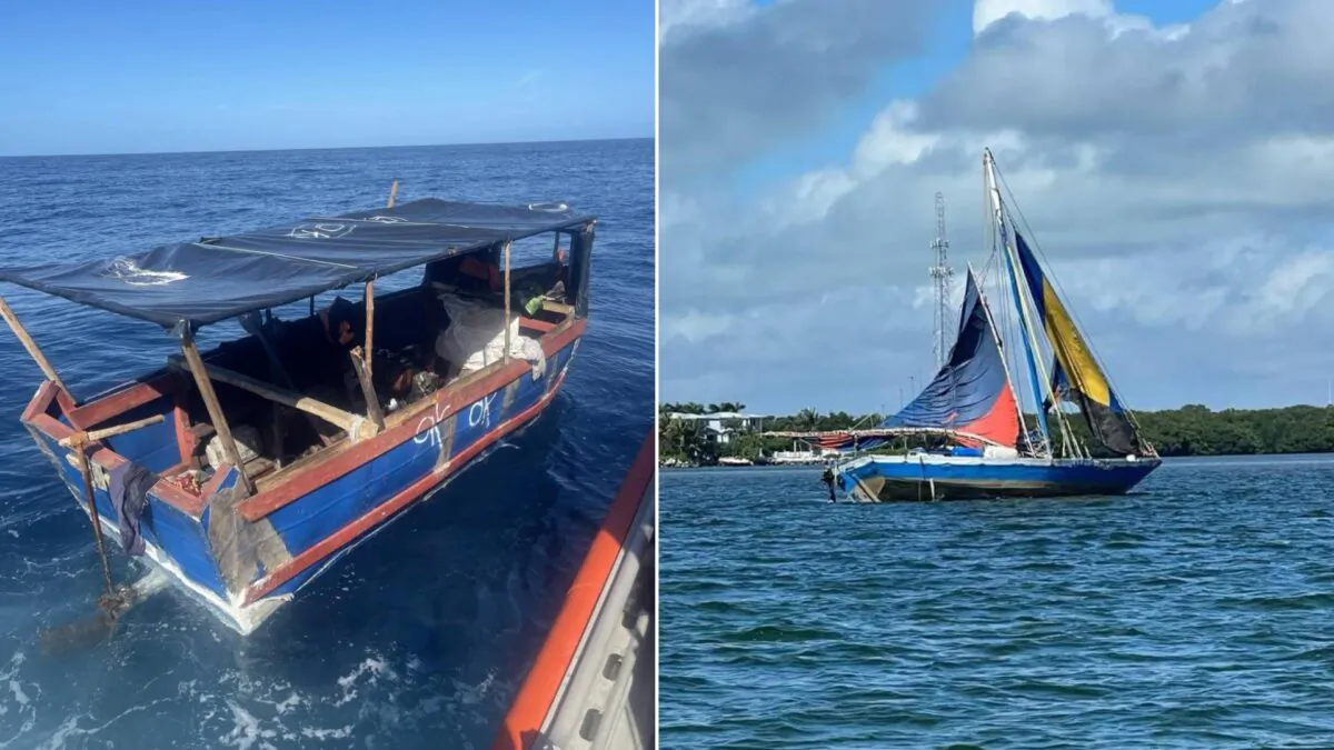 (L) An illegal alien vessel about seven miles south of Big Pine Key, Florida, on Jan. 1, 2023; (R) A vessel carrying Haitians on Jan. 3, 2023, who were repatriated to Haiti on Jan. 9, 2023. (Courtesy of U.S. Coast Guard)