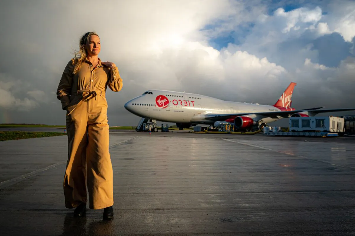 Head of Spaceport Cornwall, Melissa Thorpe, on the aircraft pan by Cosmic Girl, a 747 adapted to carry a rocket, at Spaceport Cornwall, England, before the failed mission on Jan. 9, 2023. (Ben Birchall/PA)
