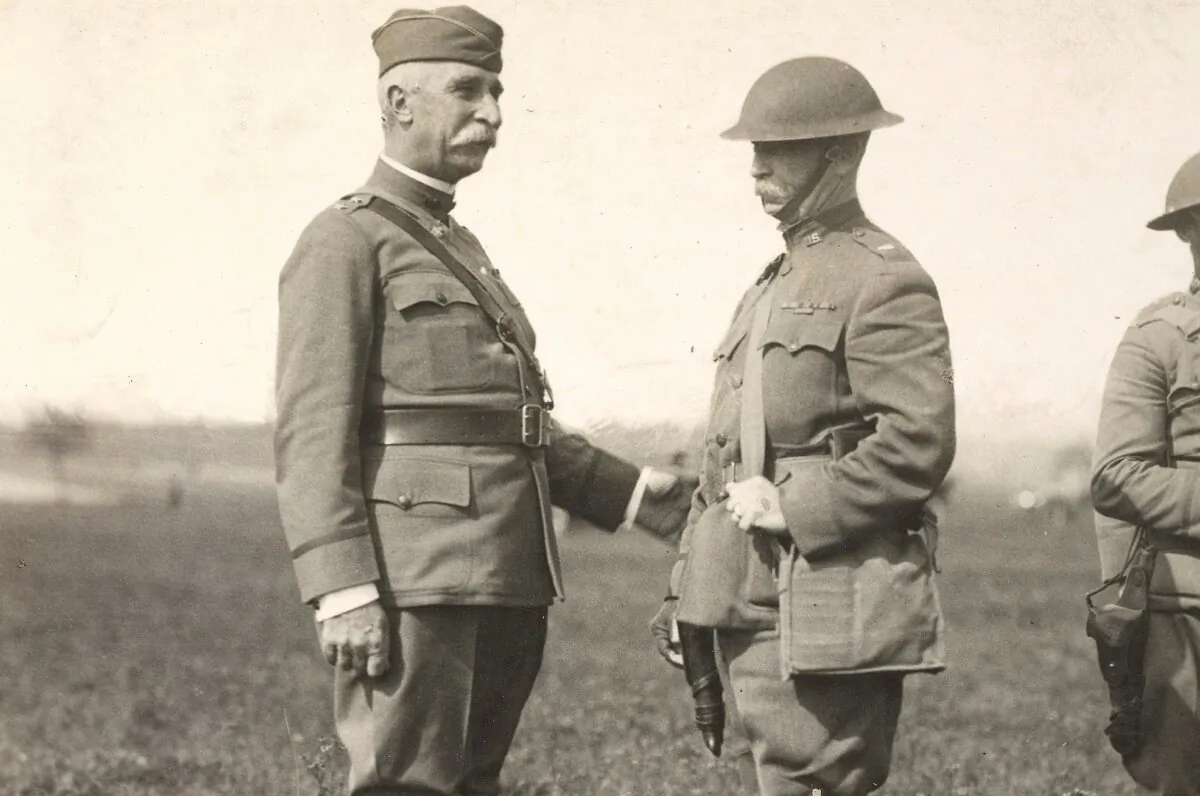 The commander of the 29th Division, Major General Charles G. Morton (L) and Brigadier General Harry H. Bandholtz (C), at Alsace, France, Aug. 23, 1918.  U.S. National Archives and Records Administration. (Public Domain)
