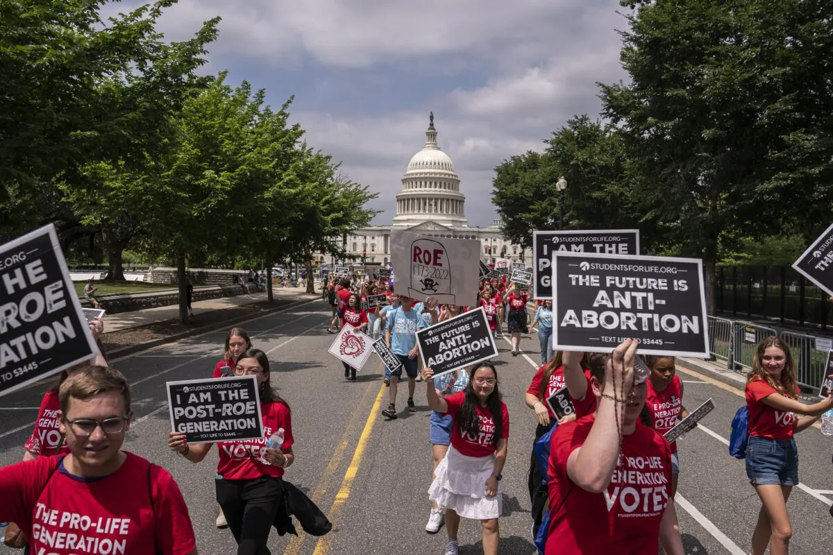 Pro-life activists demonstrate in front of the U.S. Supreme Court after the Court announced a ruling in the Dobbs v Jackson Women's Health Organization case in Washington on June 24, 2022. (Nathan Howard/Getty Images)