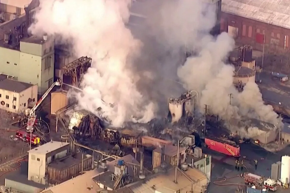 Firefighters tackle a large blaze at the Carus Chemical Plant in LaSalle, Ill., on Jan. 11, 2023. (ABC Affiliate WLS via Reuters)