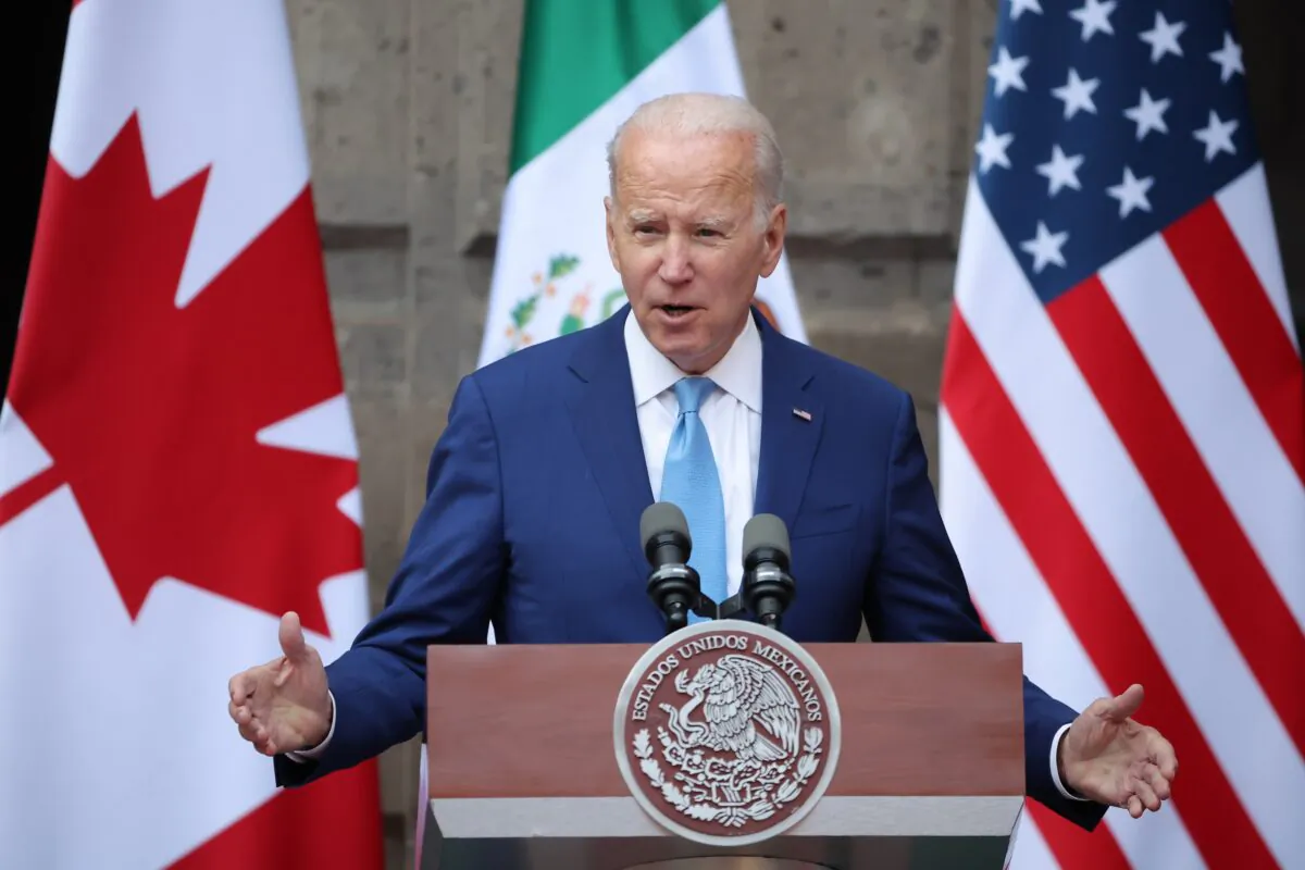U.S. President Joe Biden speaks during a message for the media as part of the '2023 North American Leaders' Summit at Palacio Nacional in Mexico City on Jan. 10, 2023. (Hector Vivas/Getty Images)