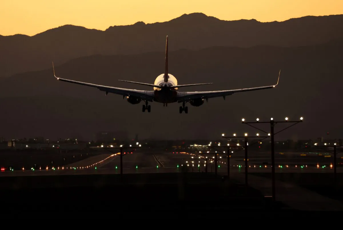 A plane lands at Harry Reid International Airport in Las Vegas on Oct. 14, 2022. (Justin Sullivan/Getty Images)
