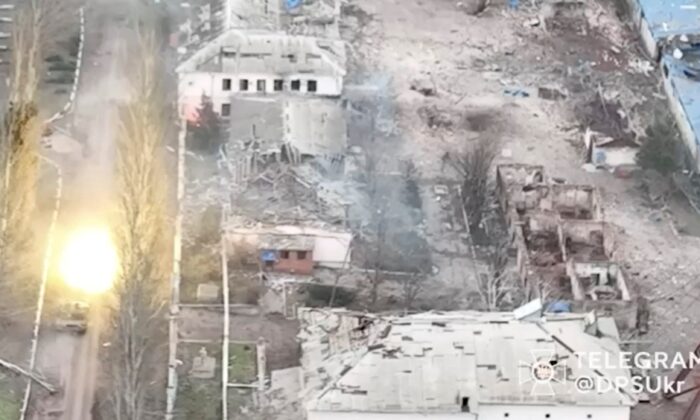 In this screen grab released on January 8, 2023, tanks fire at Soledar in the Donetsk region of Ukraine during a Russian attack on Ukraine.  (Ukrainian National Border Guard/via Reuters)
