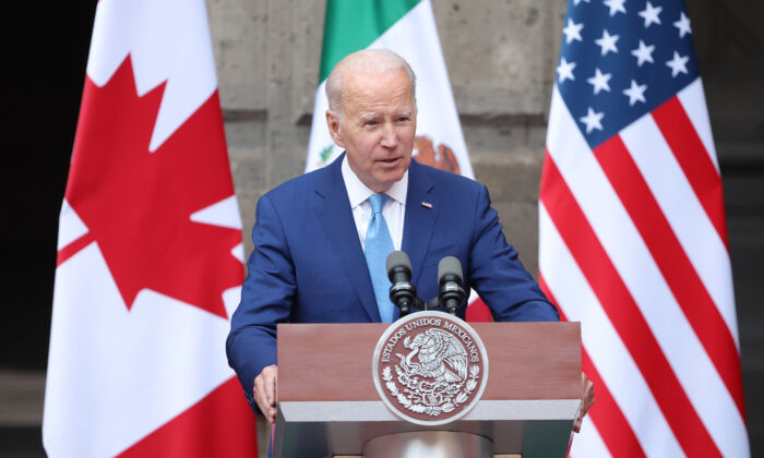 U.S. President Joe Biden speaks to the media as part of the 2023 North American Leaders' Summit at Palacio Nacional on Jan. 10, 2023, in Mexico City, Mexico. (Hector Vivas/Getty Images)