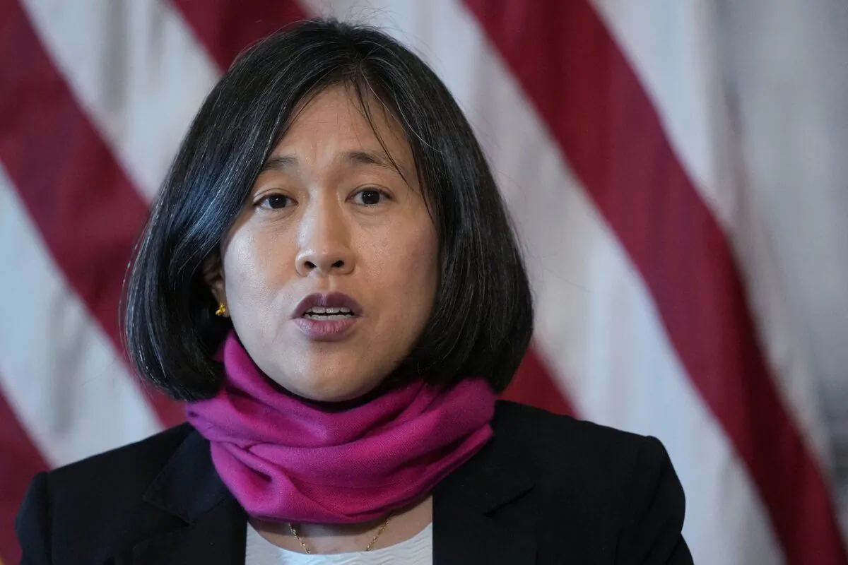 U.S. Trade Representative Katherine Tai speaks during a meeting with Japan's Minister for Economy, Trade, and Industry Nishimura Yasutoshi in Washington on Jan. 6, 2023.​ (The Canadian Press/AP, Susan Walsh)
