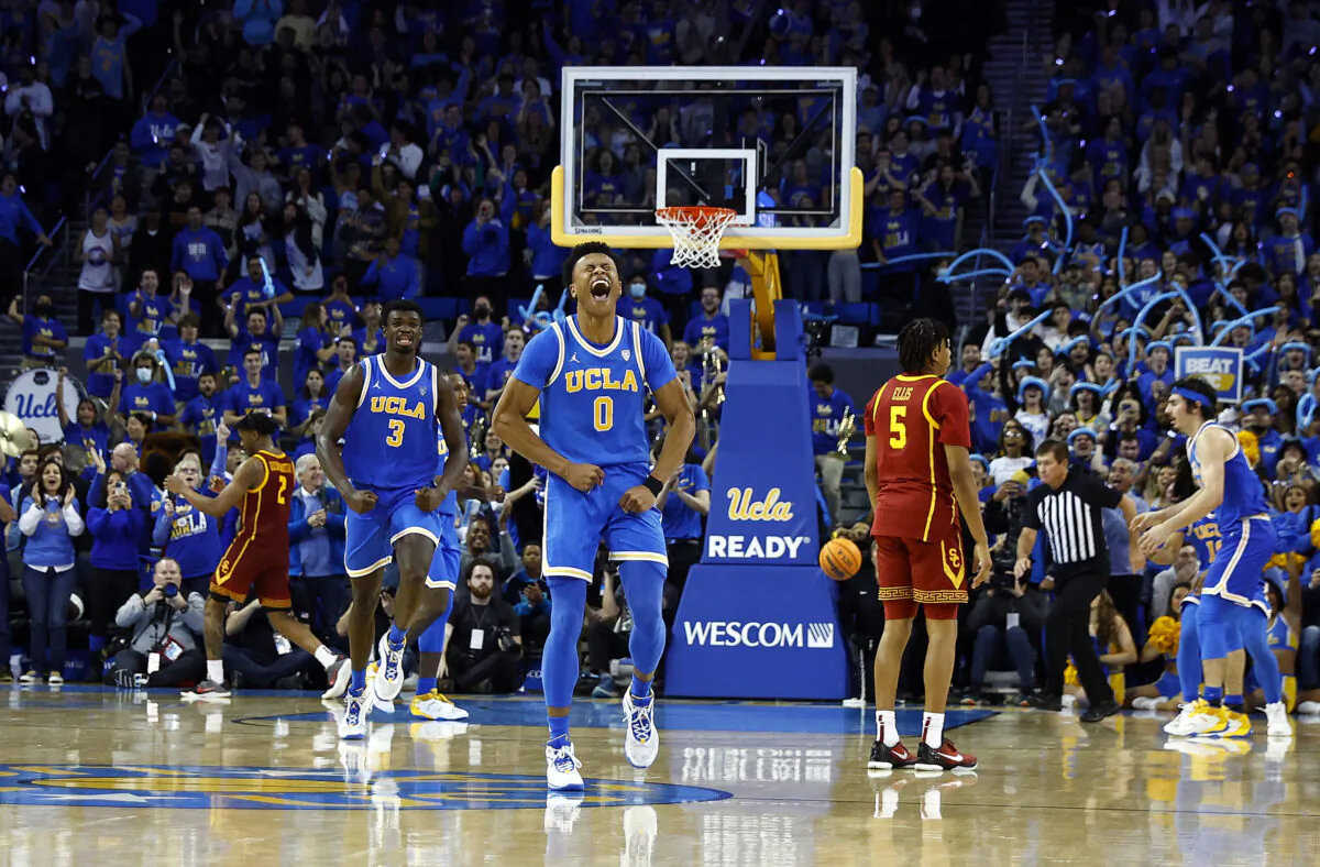 Jaylen Clark (0) of the UCLA Bruins reacts against the USC Trojans in the second half at UCLA Pauley Pavilion in Los Angeles on Jan. 5, 2023. (Ronald Martinez/Getty Images)