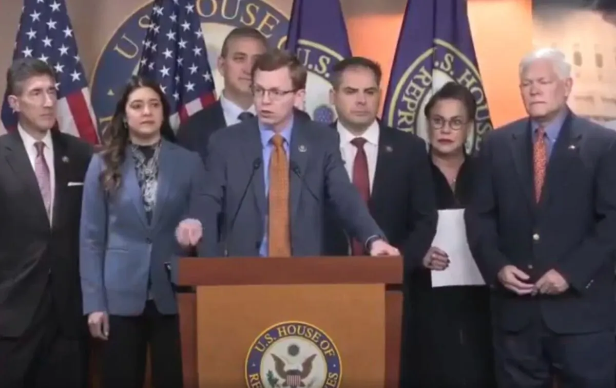 Rep. Dusty Johnson (R-S.D.) and other Congressional members hold a press conference on Jan. 11, 2023, in a still image from video released by NTD. (NTD)