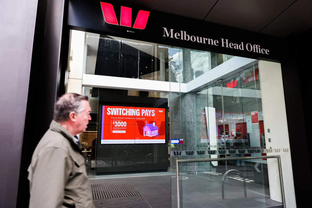 A person walks past the Westpac Bank branch in Melbourne, Australia, on May 3, 2022. (Asanka Ratnayake/Getty Images)
