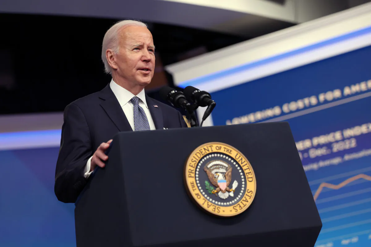 President Joe Biden delivers remarks on the economy and inflation in the Eisenhower Executive Office Building in Washington, on Jan. 12, 2023. (Kevin Dietsch/Getty Images)