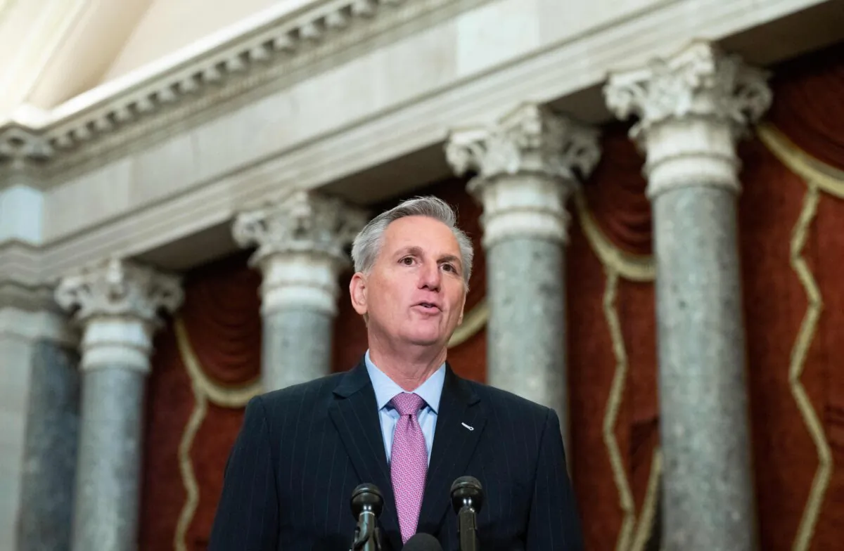 Speaker of the House Kevin McCarthy, Republican of California, holds a press conference in Statuary Hall at the U.S. Capitol in Washington on Jan. 12, 2023. (Saul Loeb/AFP via Getty Images)