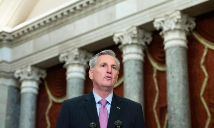 Speaker of the House Kevin McCarthy, Republican of California, holds a press conference in Statuary Hall at the U.S. Capitol in Washington on Jan. 12, 2023. (Saul Loeb/AFP via Getty Images)