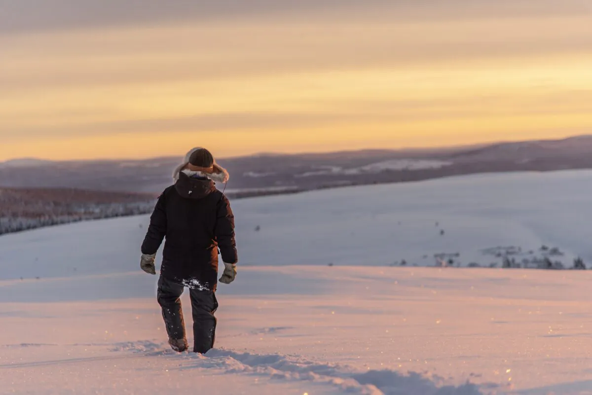 Reindeer herder Niila Inga from the Laevas Sami community walks across the snow as the sun sets on Longastunturi mountain near Kiruna, Sweden, on Nov. 27, 2019. (Malin Moberg/AP Photo)
