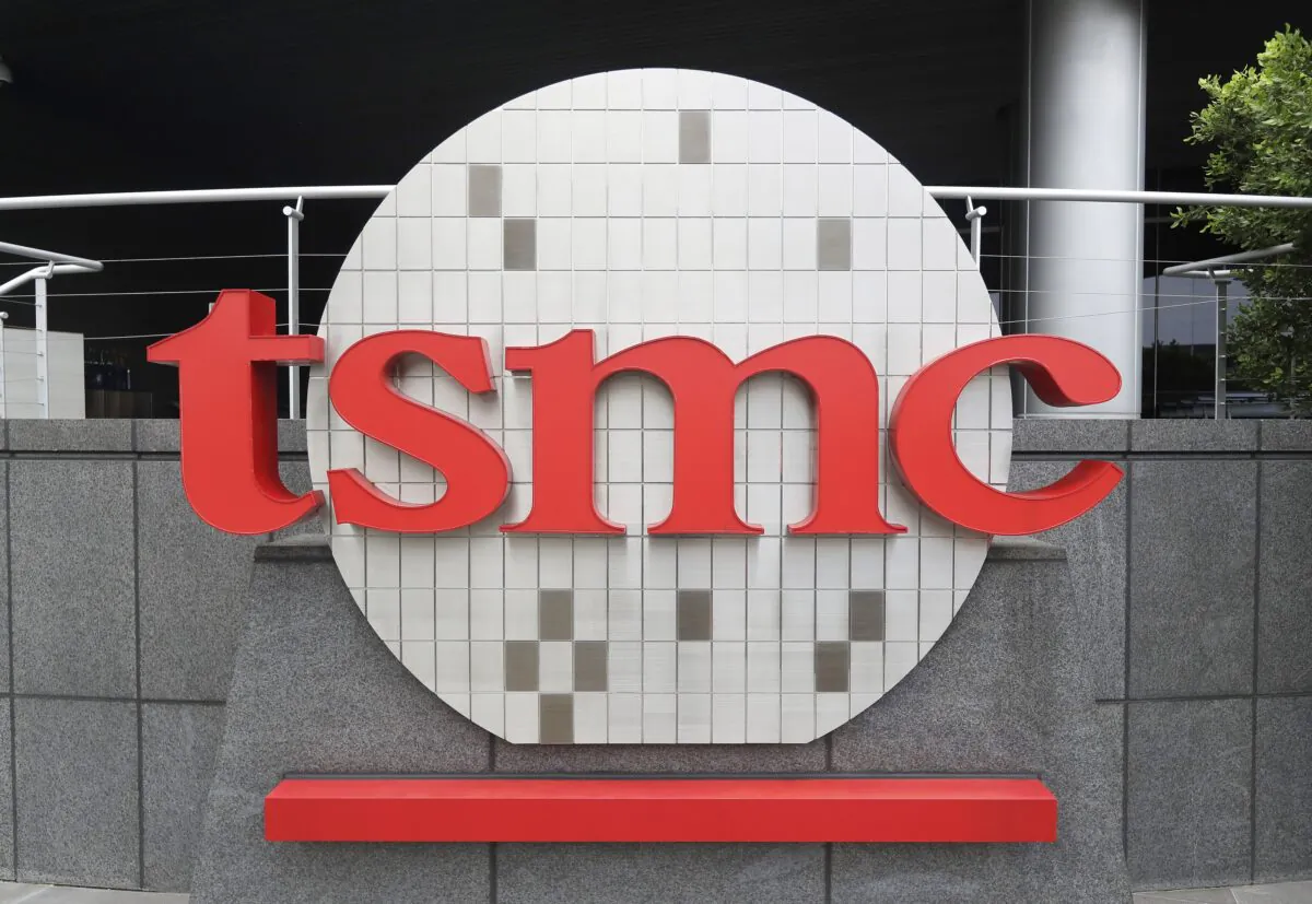 Taiwan Semiconductor Manufacturing Co. Ltd. (TSMC) logo brands the headquarters in Hsinchu, Taiwan, on Oct. 20, 2021. (Chiang Ying-ying/AP Photo)
