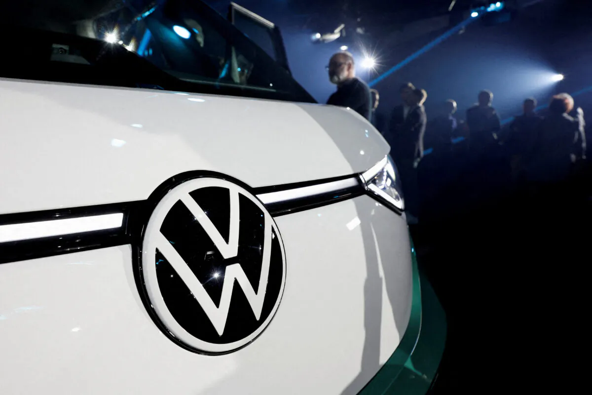 The VW logo on the ID. Buzz, a fresh take on the iconic vehicle of the Volkswagen brand, during its world premiere in Paris on March 9, 2022. (Benoit Tessier/Reuters)