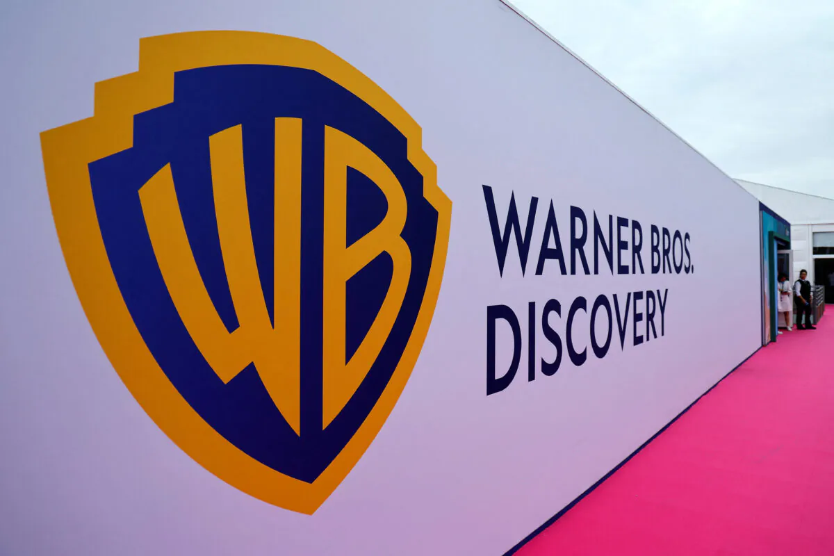 The Warner Bros logo during the Cannes Lions International Festival of Creativity in Cannes, France, on June 22, 2022. (Eric Gaillard/Reuters)
