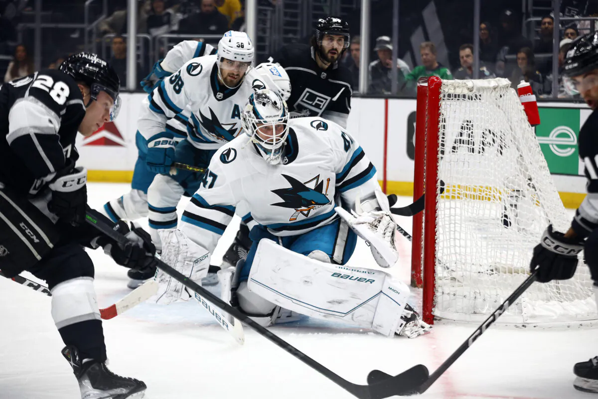 James Reimer (47) of the San Jose Sharks in goal in the second period in Los Angeles on Jan. 11, 2023. (Ronald Martinez/Getty Images)