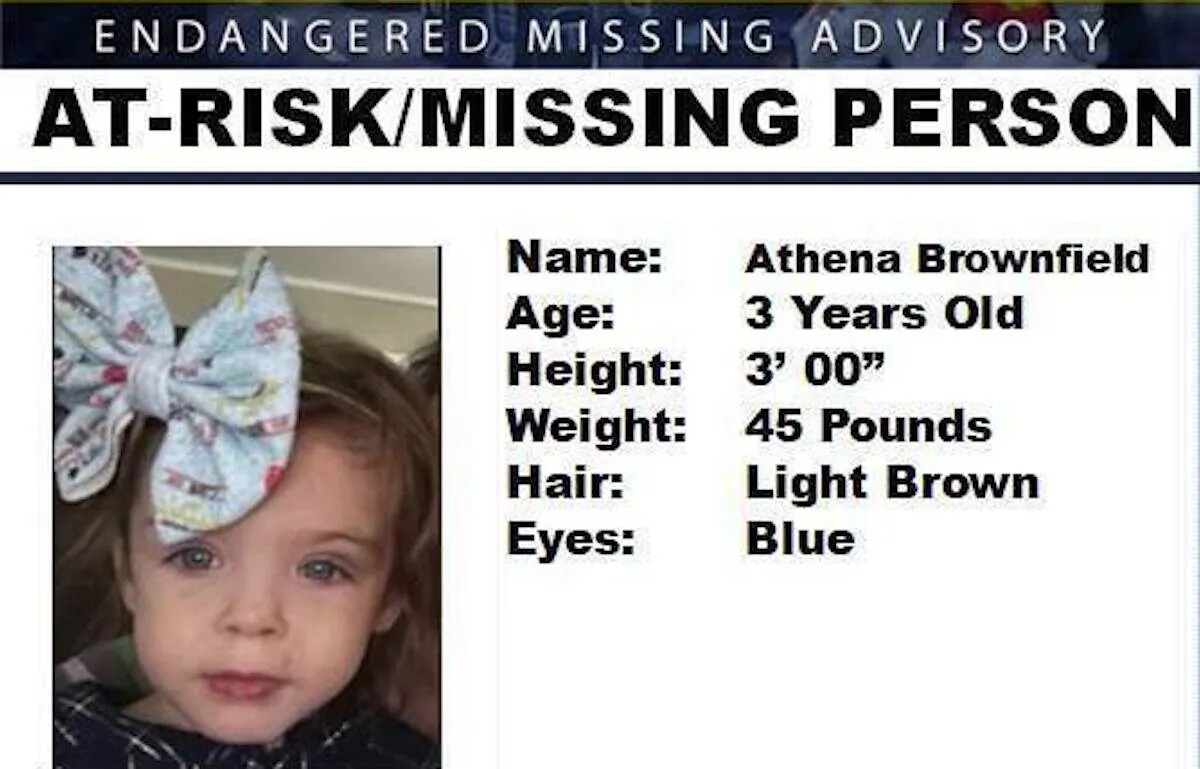 A missing persons flyer for 4-year-old Athena Brownfield, who authorities say has been missing since Jan. 10, 2023. (Oklahoma Highway Patrol via AP)