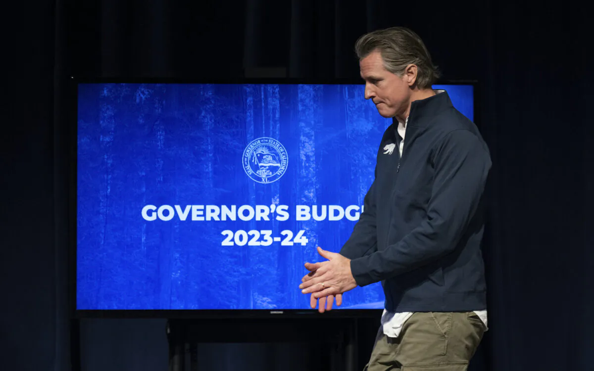 California Gov. Gavin Newsom leaves the stage after delivering his budget proposal in Sacramento on Jan. 10, 2023. (José Luis Villegas/AP Photo)