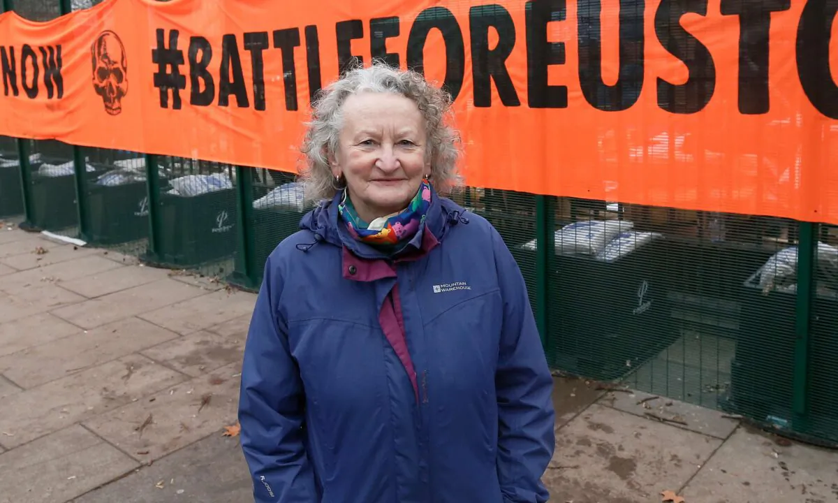 Green Party member Jenny Jones,  Baroness Jones of Moulsecoomb, poses for a portrait at the "Stop HS2" camp at Euston Station in London on Jan. 31, 2021. (Hollie Adams/Getty Images)