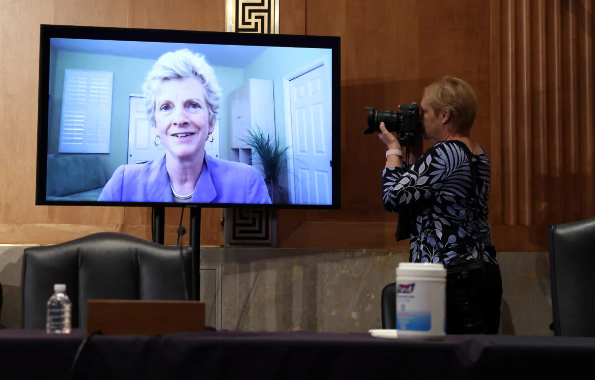 Robin Carnahan, the then-nominee to be the General Services Administration administrator, testifies via video teleconference, during a Senate Homeland Security and Governmental Affairs Committee in Washington on June 10, 2021. (Kevin Dietsch/Getty Images)
