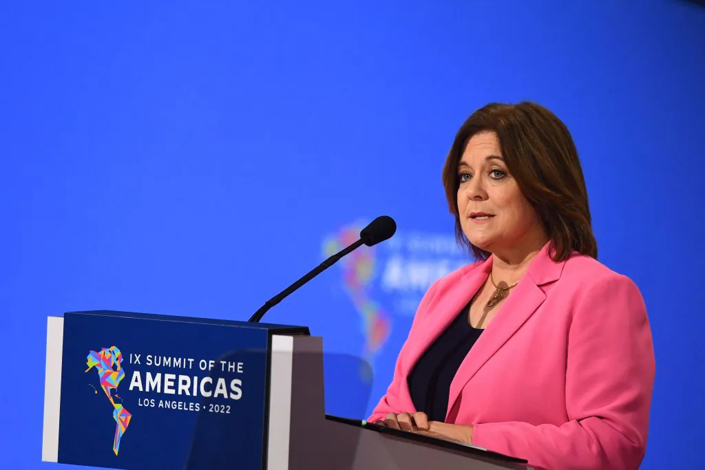 CEO of the US Chamber of Commerce, Suzanne Clark, speaks during plenary session of the 9th Summit of the Americas in Los Angeles, Calif., on June 10, 2022. (PATRICK T. FALLON/AFP via Getty Images)