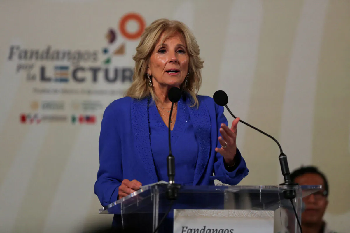 First Lady Jill Biden speaks during the "Fandango por la Lectura" event at the National Palace in Mexico City on Jan. 9, 2023. (Raquel Cunha/Reuters)