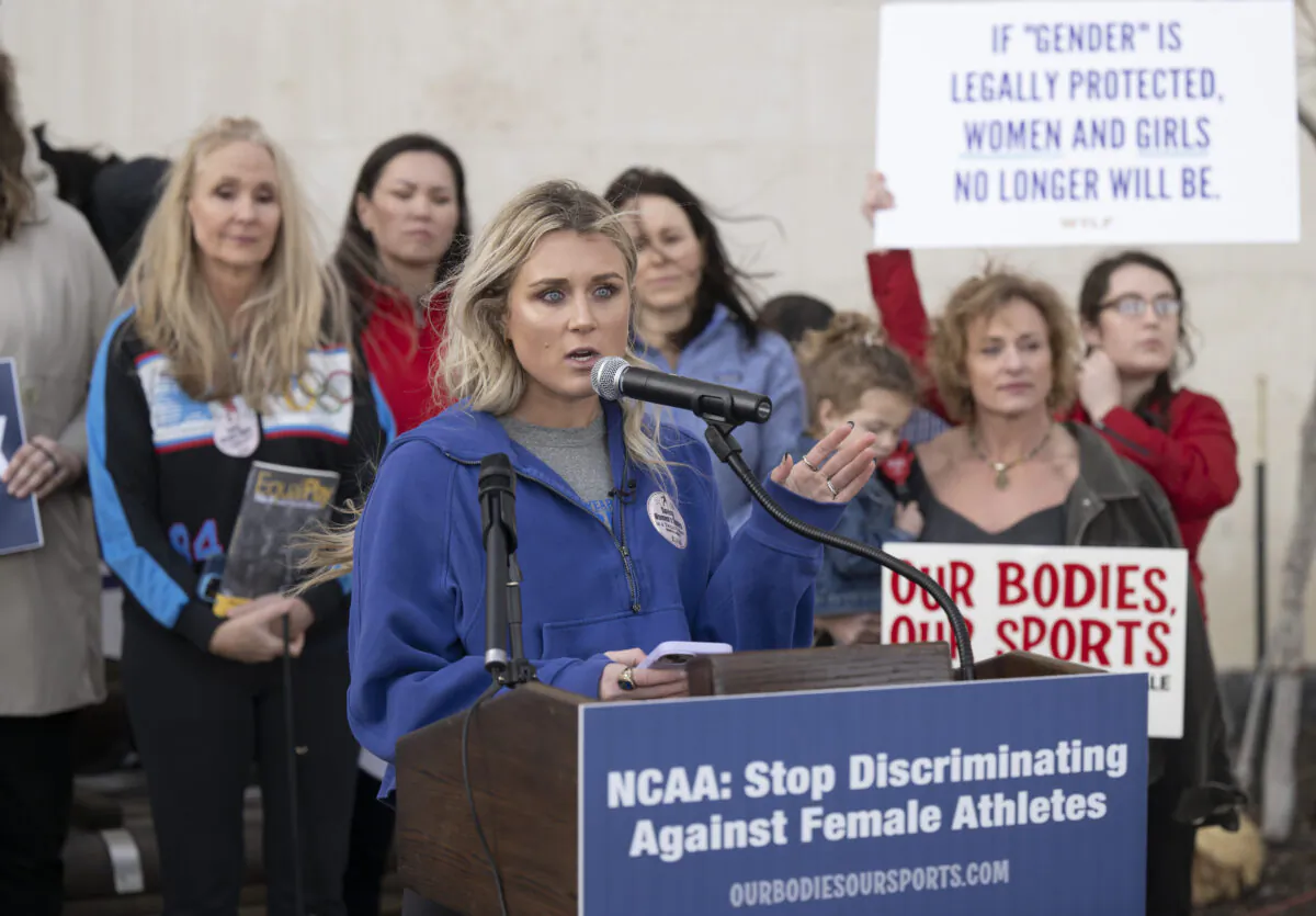 Former University of Kentucky swimmer Riley Gaines speaks at a rally outside of the NCAA Convention in San Antonio on Jan. 12, 2023. (Darren Abate/AP Photo)
