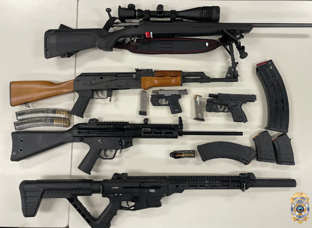 Officers recovered six firearms, including several illegal assault weapons at the home of a 35-year-old man who allegedly made threats of shooting his co-workers at their Long Beach place of work in Seal Beach, Calif., on Jan. 9, 2023. (Courtesy of Long Beach Police Department)