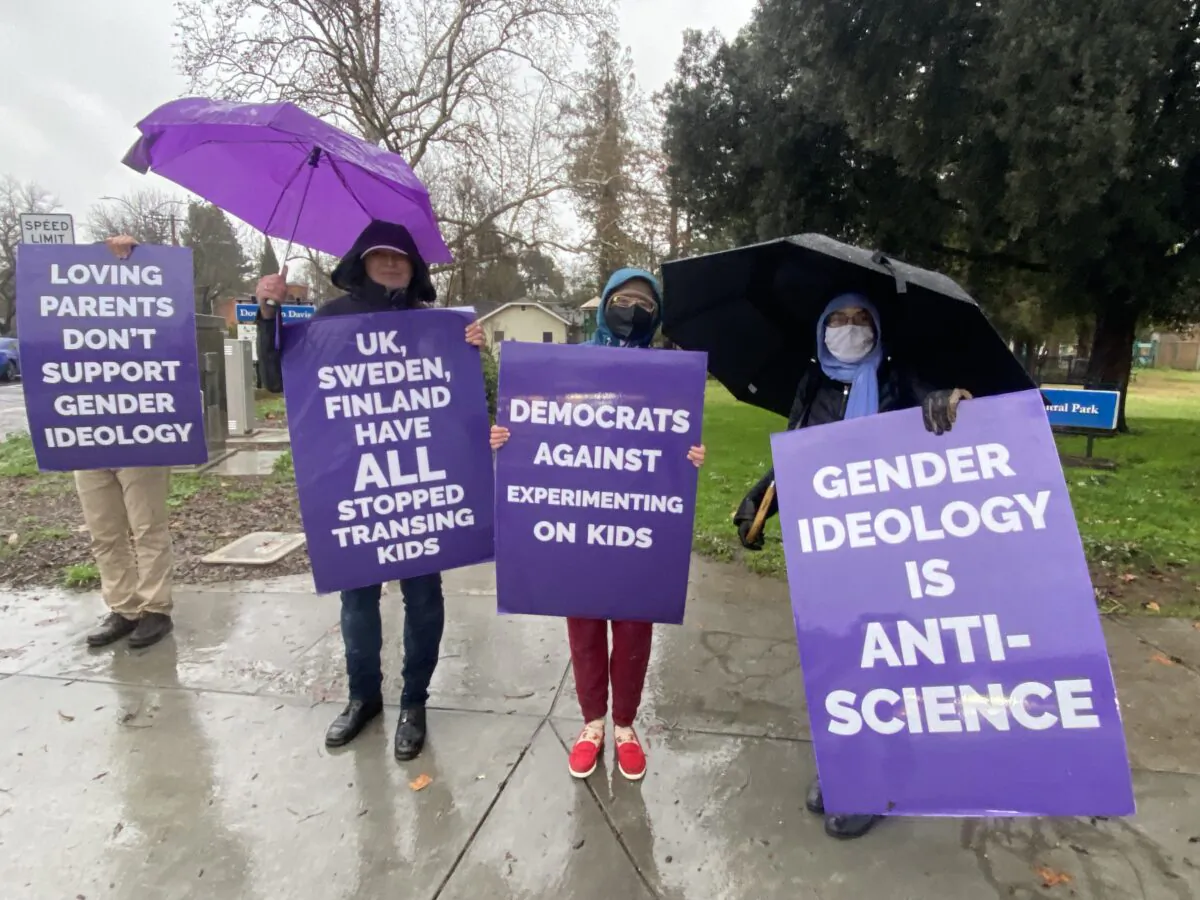 Parents protest outside of the Davis Joint Unified School District offices over a talk featuring Rachel Pepper, co-author of “The Transgender Child,” in Davis, Calif., on Jan. 11, 2023. (Courtesy of Our Duty)