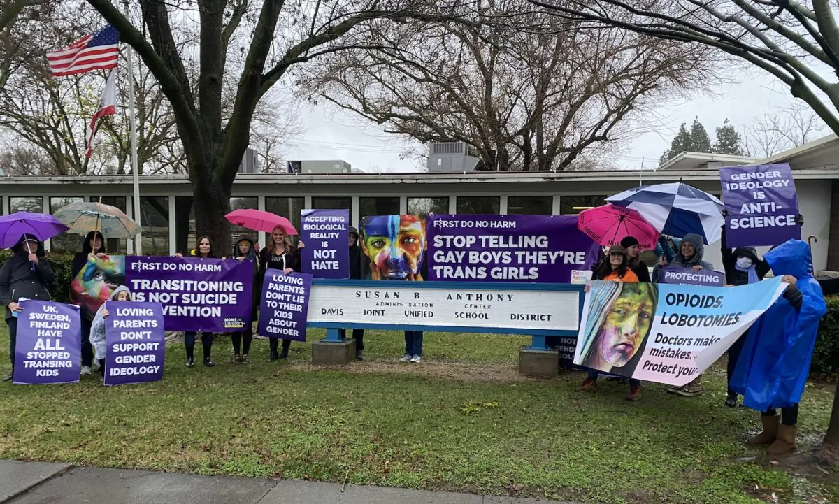 Parents protest outside the Davis Joint Unified School District offices over a talk featuring Rachel Pepper, co-author of “The Transgender Child,” in Davis, Calif., on Jan. 11, 2023. (Courtesy of Our Duty)