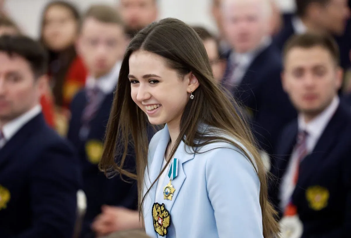Russian figure skater Kamila Valieva attends a meeting of President Vladimir Putin with the country's Olympians and Paralympians at the Kremlin in Moscow on April 26, 2022. (Maxim Shemetov/Reuters)