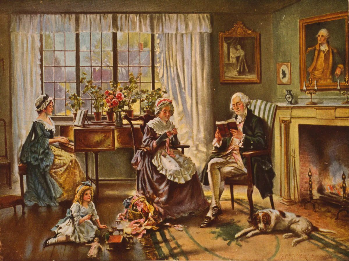 George Washington reading with his family in the living room. "Washington at Home," circa 1911, by E. Percy Moran. Photomechanical print of original painting. Library of Congress. (Public Domain)