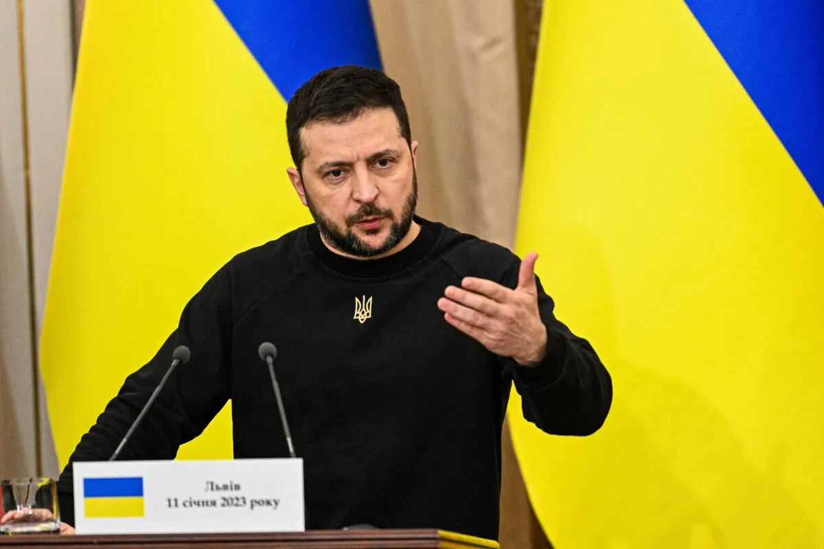 Ukrainian President Volodymyr Zelenskyy speaks during a press conference in Lviv, Ukraine, on Jan. 11, 2023. (Yuriy Dyachyshyn/AFP via Getty Images)